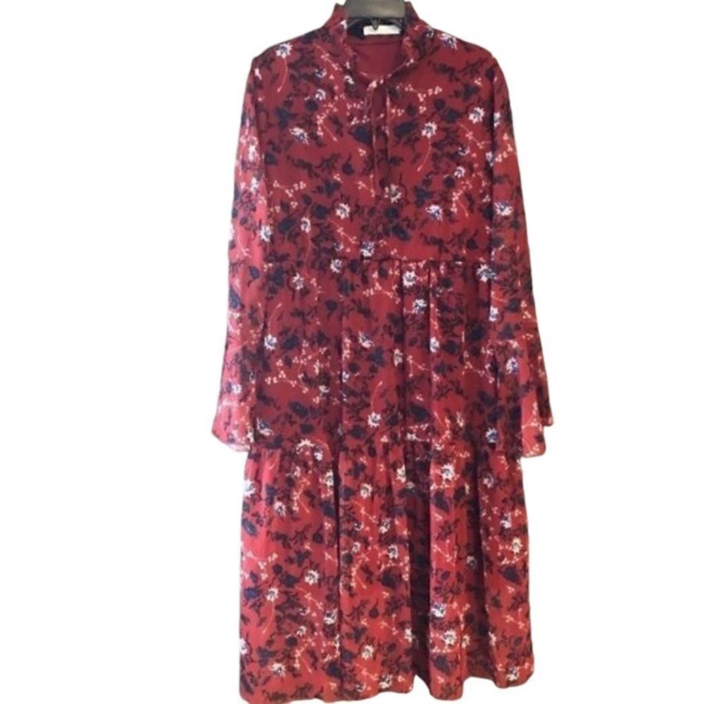 Grace&Chili Sz M Red Floral Prairie Cottagecore Modest Flowy Boho Maxi Dress